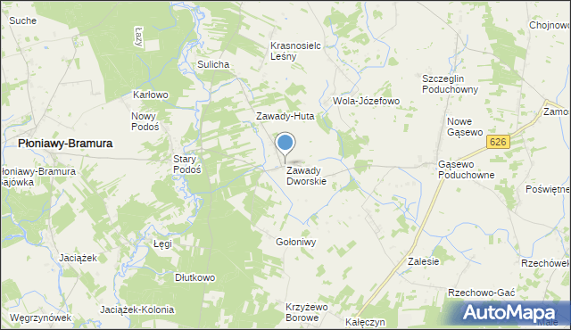 mapa Zawady Dworskie, Zawady Dworskie gmina Płoniawy-Bramura na mapie Targeo